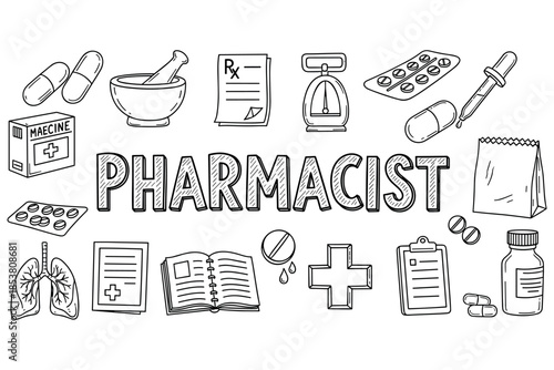 Detailed line art of pharmacy elements with pharmacist tools and medicine icons