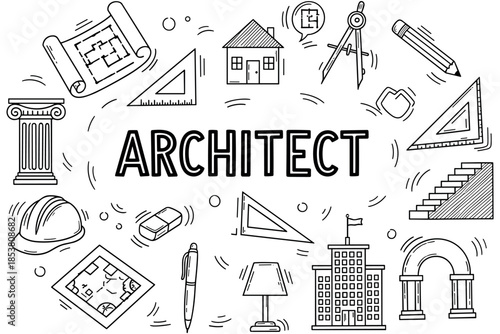 Architectural design elements: tools, plans, and structures in a creative layout