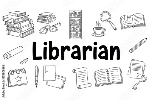 Librarian icon set: books, glasses, magnifying glass, tea, and stationery illustrations