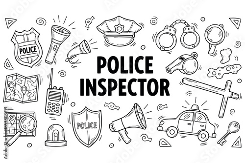 Police inspector equipment and symbols: handcuffs, badge, megaphone, patrol car, flashlight