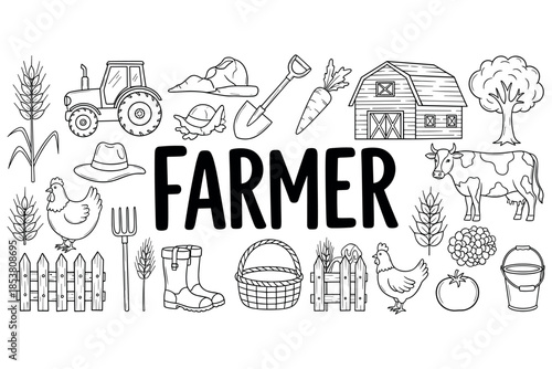 Farm life illustrations: tractor, barn, livestock, and tools in black and white drawing