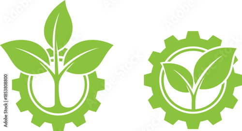 Green leaf sprout growing from cogwheel on white background gear