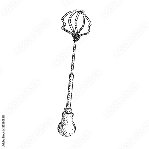 Hand drawn whisk line art in vintage engraving style, monochrome kitchen utensil illustration ideal for cooking, baking, recipes, menus, bakery and culinary design projects