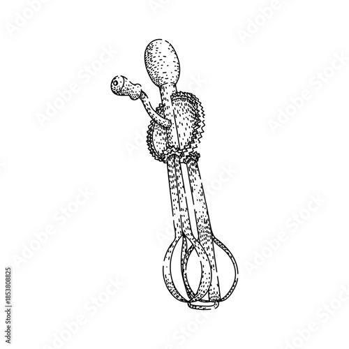 Vintage hand crank egg beater line art showing rotary whisk and gears, retro kitchen utensil for whipping, mixing and baking antique mechanical beater sketch, isolated vector icon