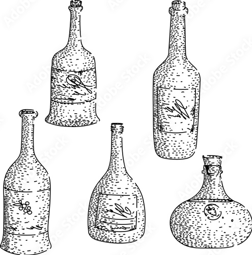 Hand drawn illustration featuring a collection of classic bottles in varying shapes and sizes, presented in a retro engraving style, symbolizing alcoholic beverages and celebration