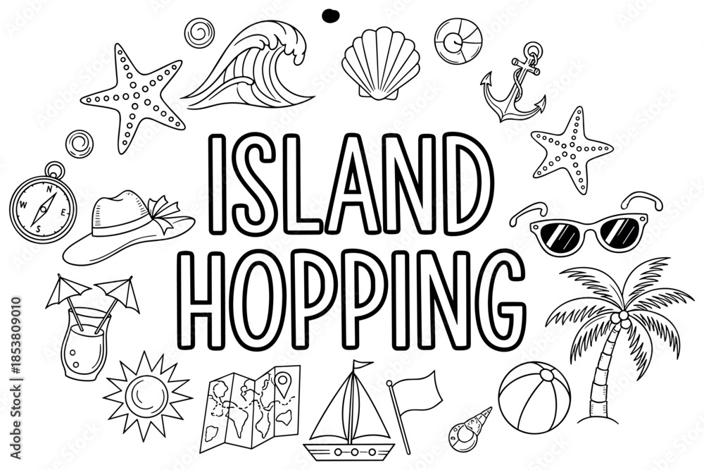 Fototapeta premium Island hopping themed doodle art with tropical elements and sea icons