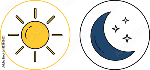 Yellow sun and blue crescent moon with stars night