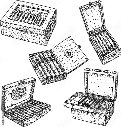 Vintage style collection showcasing different open and closed wooden cigar boxes, some filled with cigars, illustrating a tobacco related luxury concept