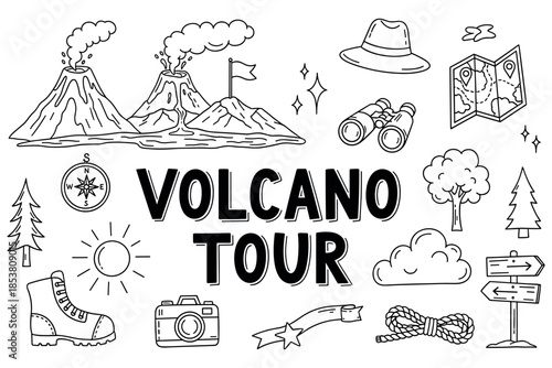 Volcano tour adventure: exploration icons featuring mountains, map, and hiking gear