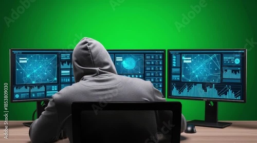 Rear view of hooded anonymous scammer hacker at table with green screen chromakey multiple display, during an attack on credit cards big data servers on the network