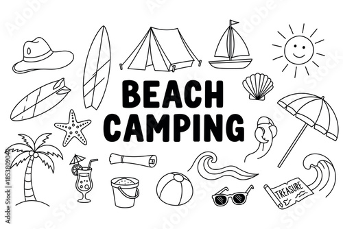 Beach camping doodles: tent, surfboards, palm, and more summer fun