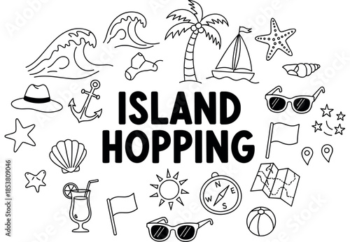 Island hopping adventure icons: beach, palm tree, sailboat, waves, cocktail, compass