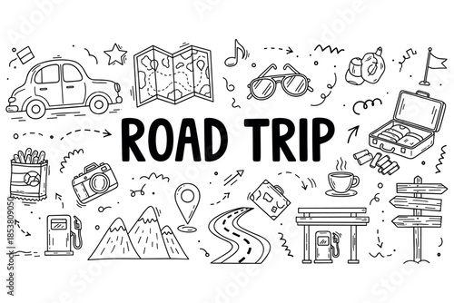 Doodle road trip icons with car, map, and travel essentials