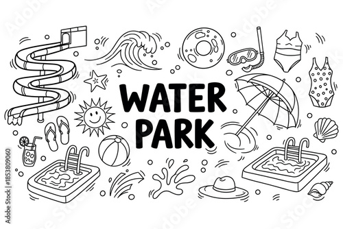 Fun water park doodles including slides, waves, pools, and beach gear
