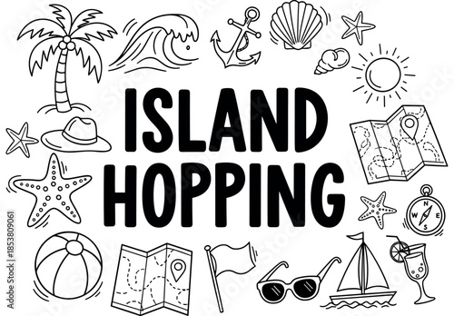 Island hopping adventure: tropical symbols and fun icons