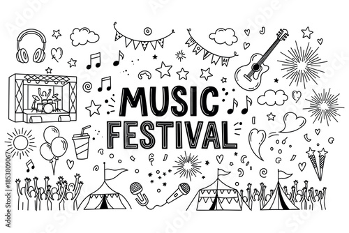 Black and white doodle art of a music festival scene with energetic crowds and musical elements