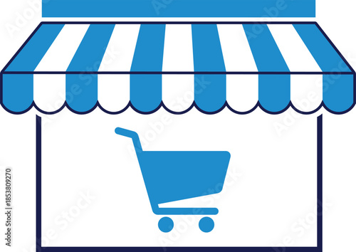 Blue and white striped shop awning with shopping cart store