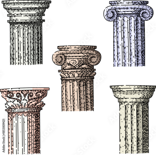 Various antique structural orders and pedestals showing detailed capitals and fluted shafts, representing timeless architecture and historical design elements in an engraved drawing style