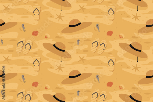 Summer vacation beach scene with hats and beach accessories on a sandy shore from a top view