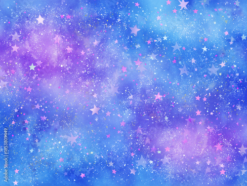 A blue background with giltter and pink and white stars.
