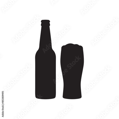 Beer bottle and glass silhouette vector flat illustration on white background