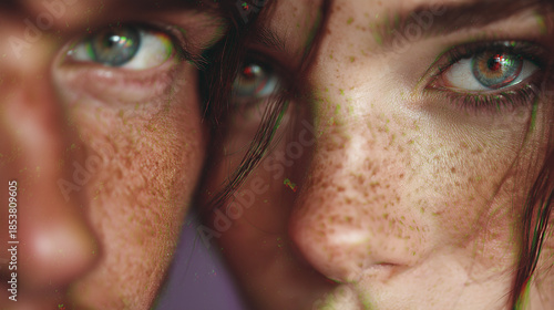 Extreme close up of man and woman eyes with freckles, natural light, intimate portrait, emotional connection.
