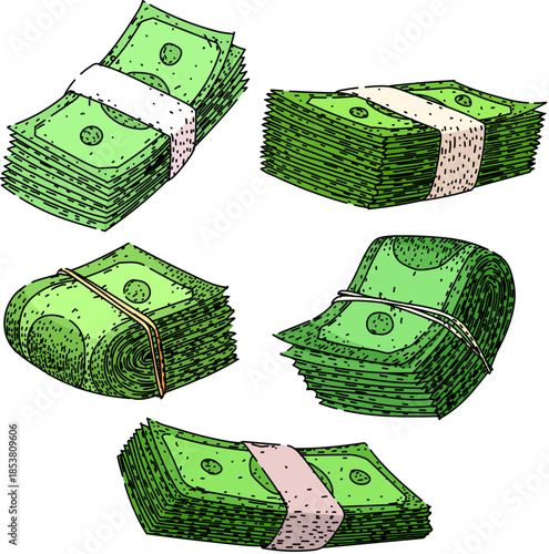 Hand drawn illustration showing various bundles of green banknotes tied with bands, symbolizing financial prosperity, savings, investment, and profitable business transactions