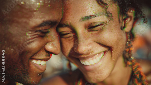 Happy man and woman smiling together, warm light, genuine emotions, closeness, joy, natural lifestyle portrait, summer mood.
