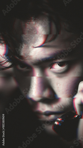 Dark male portrait with glitch effect, distorted face, digital noise, anxious mood, technology and psychology concept.
