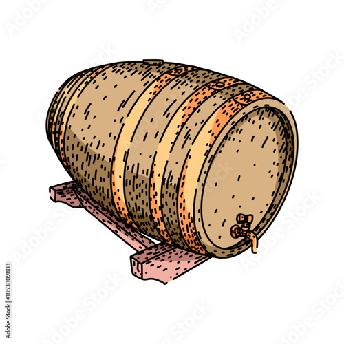 Wooden wine barrel resting on a stand, featuring a spigot, used for storing and aging fine beverages in a traditional setting, representing craftsmanship and quality