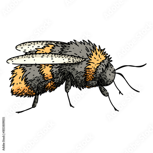 Bumblebee insect standing sideways, showcasing its furry body, distinctive yellow and black stripes, delicate wings, and antennae in an illustrative, hand drawn style