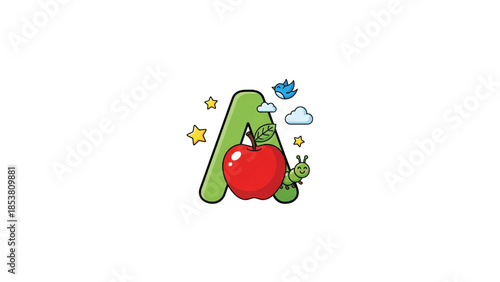 alphabet letter a with apple cartoon illustration