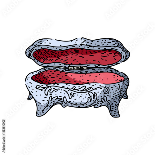 Ornate vintage jewelry box with open lid and plush red velvet lining, empty and elegant, evoking luxury, treasure, special gift presentation and timeless keepsake appeal