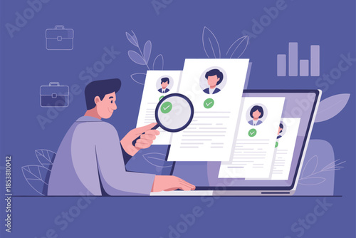 Man analyzing resumes on laptop screen with magnifying glass in a professional setting