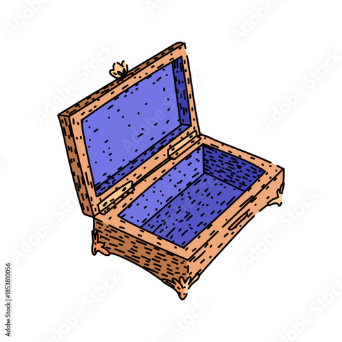 Empty wooden jewelry box with open lid and soft purple lining on white background, evoking storage, keepsake absence, treasure lost or waiting to be found