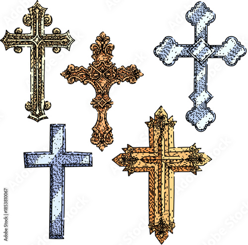 Five different stylized crosses in various forms and designs depicting religious symbolism and christian faith, useful for spiritual and decorative design elements