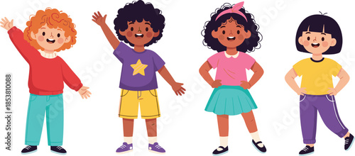 Set of Diverse Cartoon Children Characters Waving and Posing in Colorful Outfits for School Education Childhood and Multiethnic Friendship Design