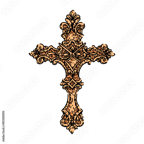 Elaborate hand drawn cross illustrating religious devotion and spiritual belief with intricate patterns, symbolizing christianity, hope, and traditional iconography on a clean background