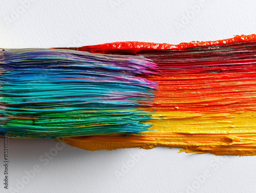 Rainbow paint brush stroke and paint brush on a white background.