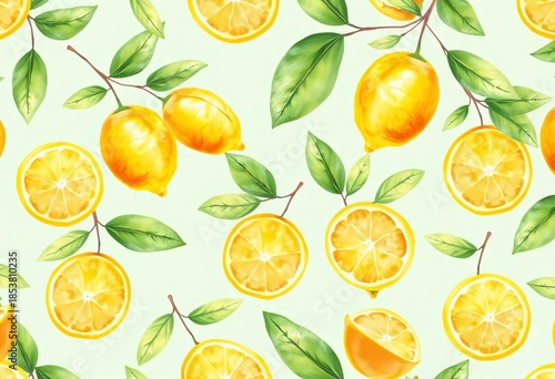 Delicate watercolor lemon pattern on pastel mint background , clothes, fresh