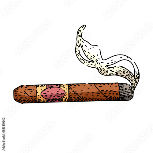 Cigar burning with rising smoke and ash, central band visible, vintage hand drawn style conveying luxury, relaxation and classic tobacco leisure on white background