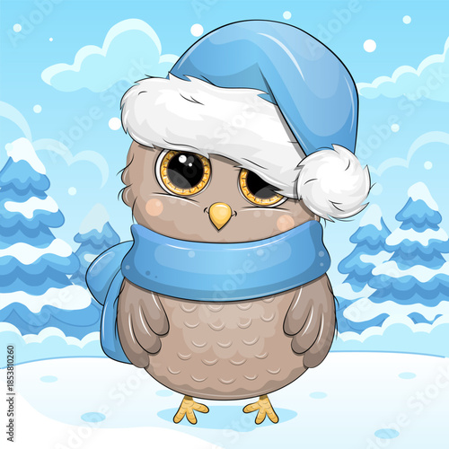 Cute cartoon Owl with blue hat and scarf in winter. Vector Illustration of Animal in nature on a blue background with snow.