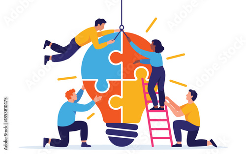 Teamwork illustration showing people assembling a giant jigsaw puzzle lightbulb from different angles with a collaborative effort