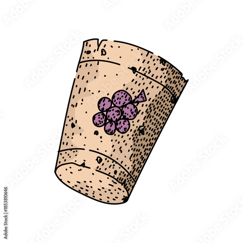 Wine cork drawing with a purple grape cluster illustration, representing winemaking, celebratory moments, and the passion for viticulture, isolated on white background