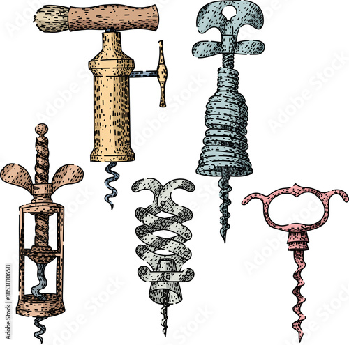 Collection of different antique corkscrew designs and wine bottle openers, drawn in a classic vintage engraving style, ideal for beverage, kitchen or bar themes