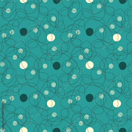 Blue pattern with abstract chemical or physical structures and elements, linear amorphous cells with nuclei or molecules. 