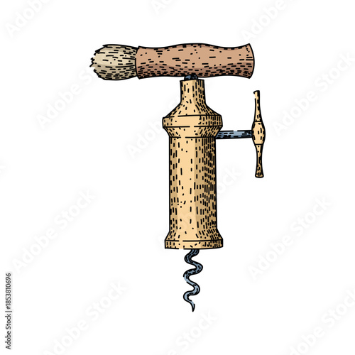 Detailed old fashioned corkscrew illustration featuring a brass body and wooden handle, depicting a classic tool for opening wine bottles with an elegant, traditional design