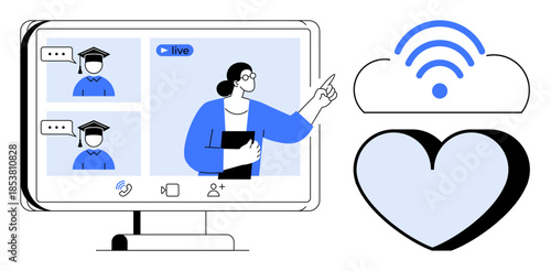 Distance learning, communication, internet connectivity, cloud storage, teamwork, webinars. A teacher interacts with students on a screen. Distance learning and communication concept