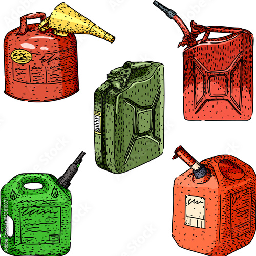 Various fuel cans, including jerry cans and gas cans in red and green, depicting essential equipment for carrying and storing hazardous liquids and flammable materials for automotive and power needs