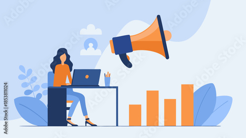 Woman working at desk with laptop beside a megaphone and bar graph in a light blue background
